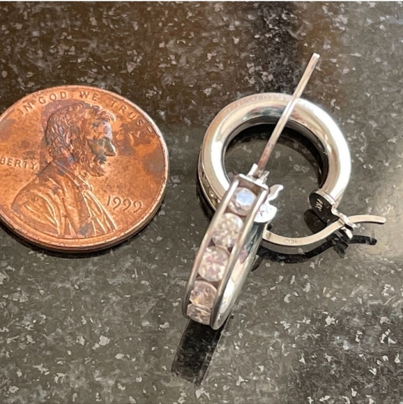 Solid 14KT White Gold & White Sapphire Hoop Earrings - Picture 5 of 14